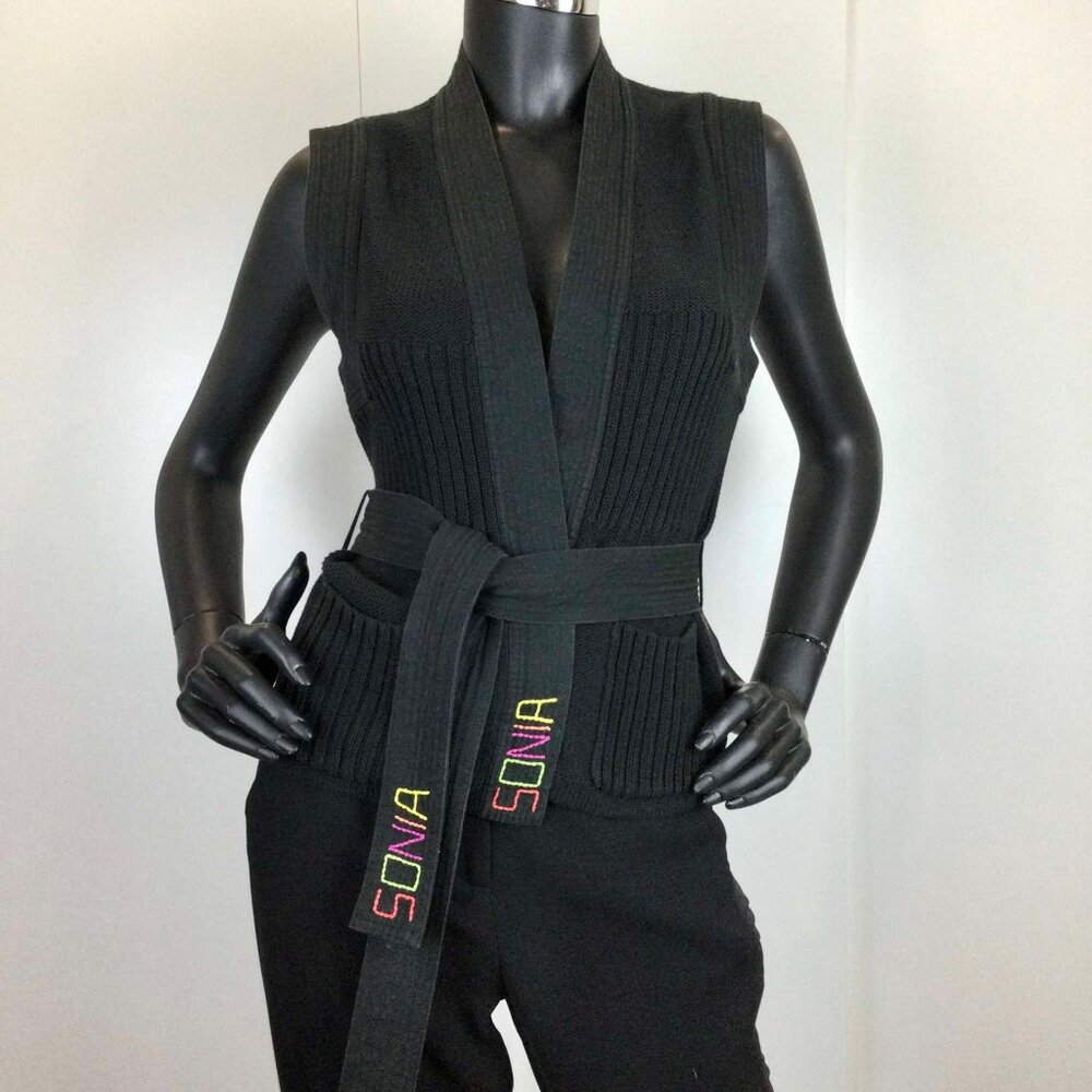 Vintage Sonia Rykiel Cotton Knit Vest – Black Sleeveless Belted – Size S